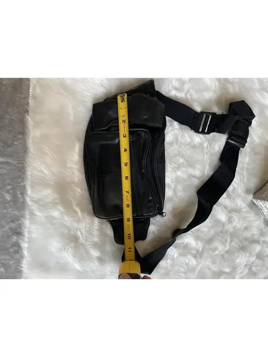 Black Leather Waist Bag with Multiple Zipper Pockets - Picture 5 of 5